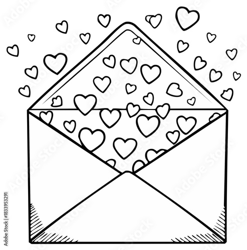 Black and white illustration of an open envelope overflowing with hearts