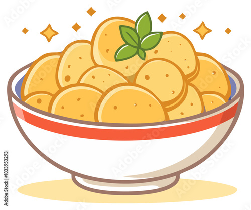 Crispy potato chips piled high in a white bowl decorated with red stripes and garnished with fresh green basil leaves