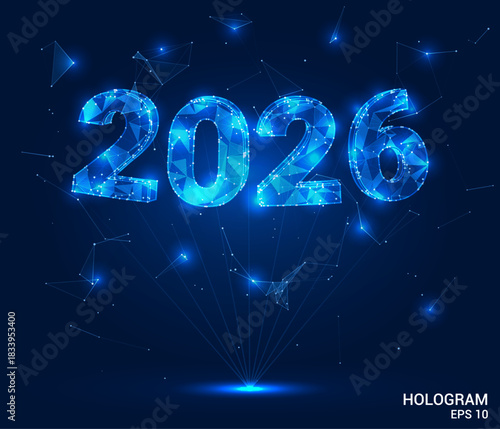 Hologram 2026. Lettering 2026 of polygons, triangles of points and lines. Christmas inscription low poly compound structure. The technology concept.