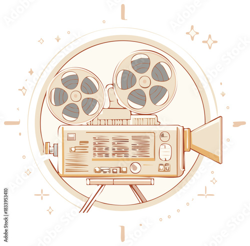 Vintage Film Camera Inside a Decorative Circle with Stars Cinematic Illustration