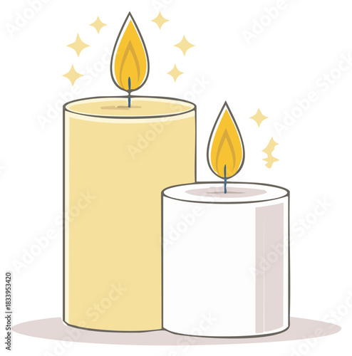 Two lit candles one tall yellow one short white with gentle light and sparkles