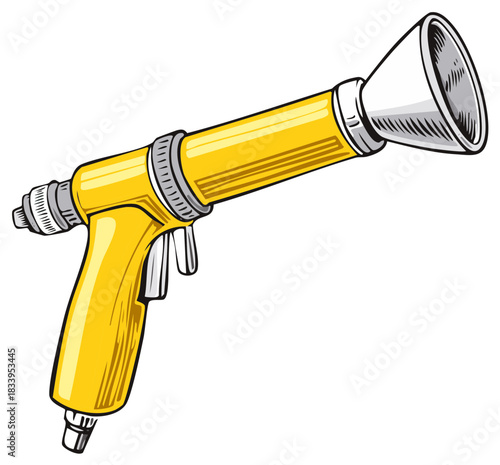 Vector cartoon illustration of a yellow garden hose pistol grip spray nozzle