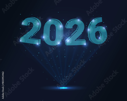 Futuristic hologram projection of 2026 in glowing blue wireframe, beamed from a laser source. Floating particles and starry depth create immersive 3D effect. Perfect for sci-fi events, tech branding