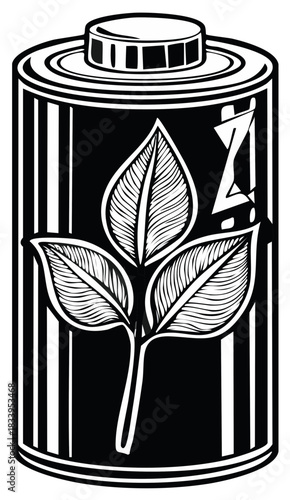 Black and white eco friendly battery with plant and lightning symbol for green energy concept illustration