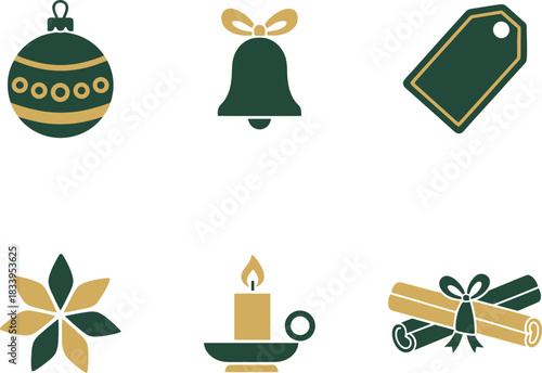 Festive christmas icons collection with ornaments bells candle and cinnamon sticks