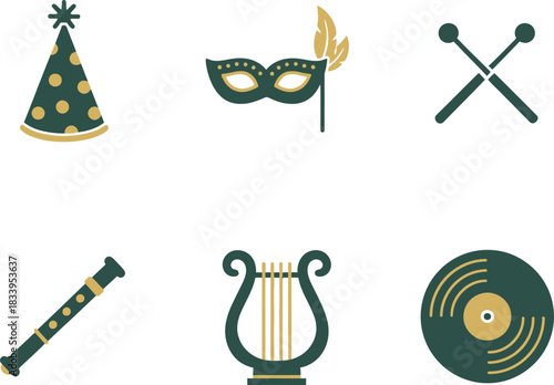 Collection of musical instruments and party symbols on white background