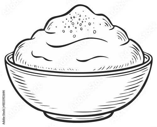 Hand drawn sketch of a rustic bowl filled with creamy food and seasoning on top
