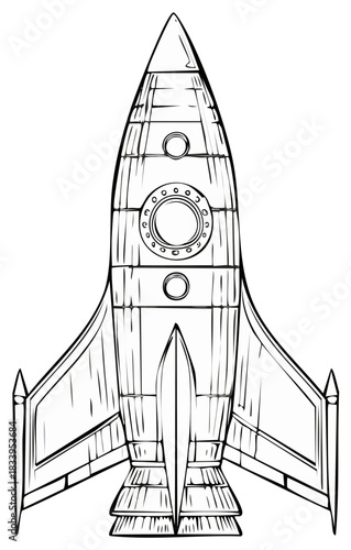 Retro style rocket ship outline design for space exploration and science fiction themes