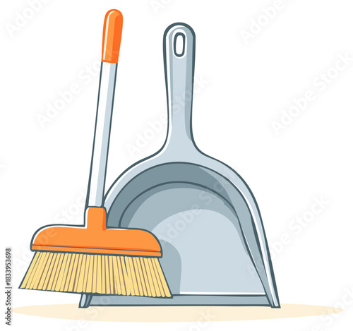 Cartoon illustration of a broom and a dustpan for cleaning. Colorful illustration of cleaning tools.
