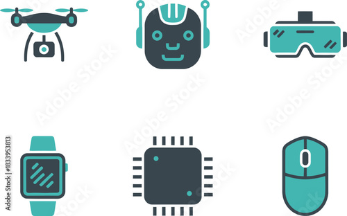 Collection of modern technology icons including drone robot smartwatch computer chip and vr headset
