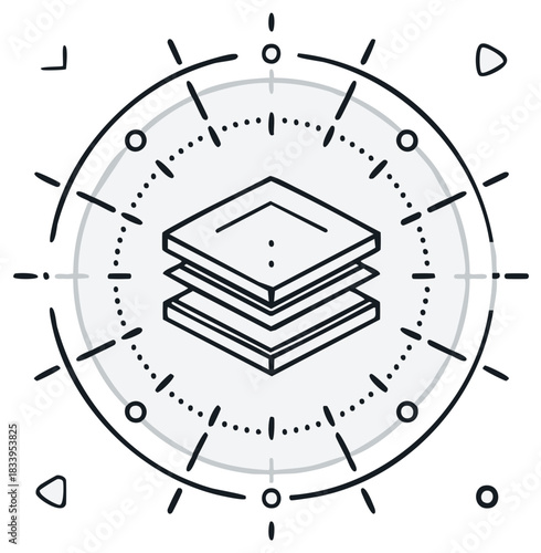 Abstract layered graphic design element within a circular frame, conceptual digital symbol