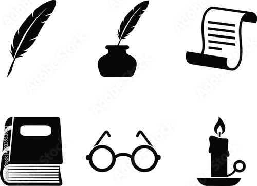 Collection of classic writing and reading icons in silhouette