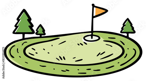 Scenic Golf Green Cartoon with Flag and Trees Illustration Sports and Leisure Illustration