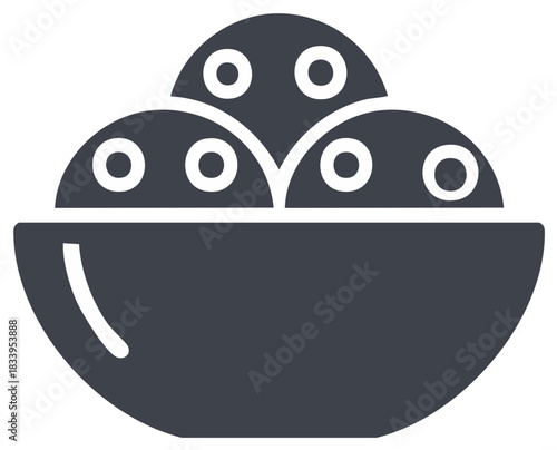 Icon of stylized food. Bowl with round food items. Vector illustration