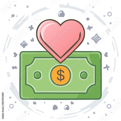 Pink heart rests on green dollar bill symbolizing financial support and charitable giving