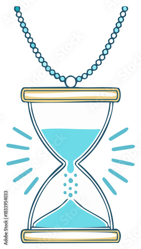 Hand drawn magical hourglass pendant necklace with flowing blue liquid measuring time concept illustration
