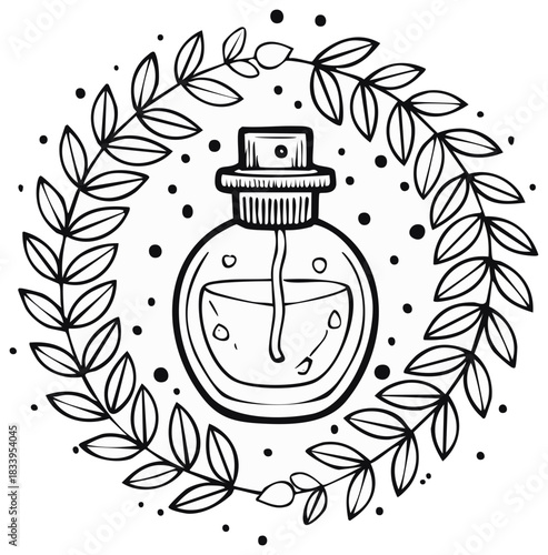 Elegant perfume bottle surrounded by a botanical laurel wreath and scattered dots
