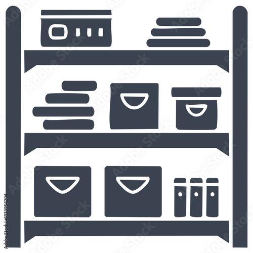 Organized storage rack icon with neatly arranged boxes containers and folded items