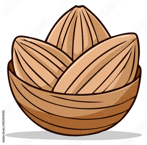 Three Almonds in a Bowl, Cartoon Style, Healthy Snack, Nutrition Food, Ingredients