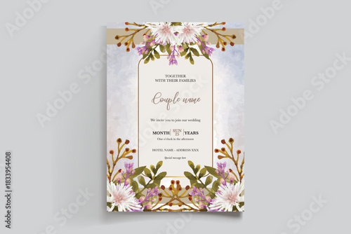 WEDDING INVITATION FRAME WITH FLOWER DECORATIONS AND FRESH LEAVES