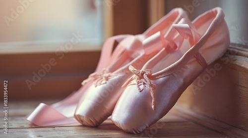 Two pink ballet slippers with ribbons tied to them. The ribbon is tied in a bow
