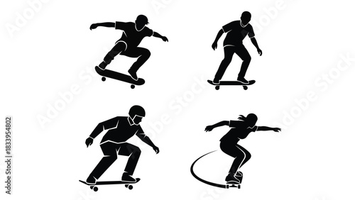 Black silhouettes of skateboarders in dynamic poses, representing extreme sports and urban culture