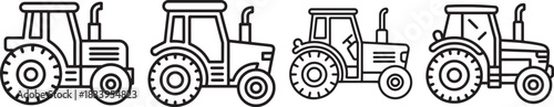 Set of Farm Tractor Line Art Coloring Book Page, Agricultural Vehicle Vector Illustration