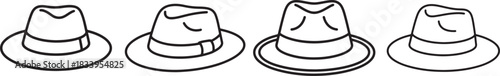 Set of Fedora Hat Line Art Coloring Book Page, Fashion Accessory Vector Illustration