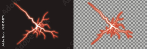 Red lightning bolt electric discharge strike effect on transparent