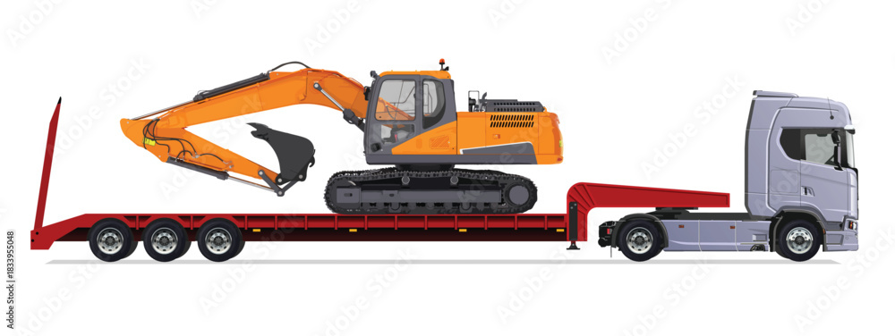 Fototapeta premium truck side view trailer load semi road haul dig big large long lorry excavator icon design template work auto under work power drive carry cargo wheel mover