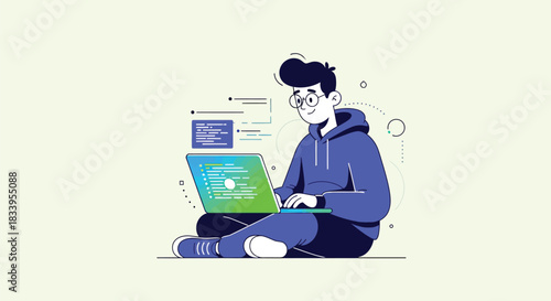 Dynamic coder enthusiastically working on laptop, creating innovative software in a vibrant, modern style, ideal for tech and business projects