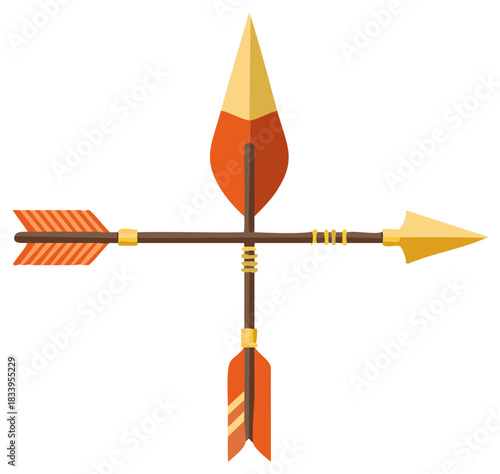 Crossed tribal hunting arrows symbol with colorful feathers and sharp golden arrowheads vector illustration