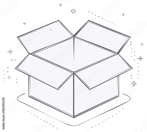 Open cardboard box with stars and sparkles line art icon illustration