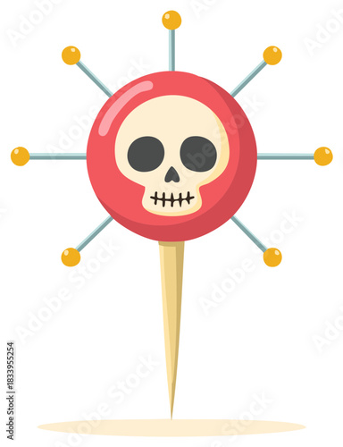 Stylized red voodoo doll pin with a skull face and sharp needles radiating outwards symbol of danger