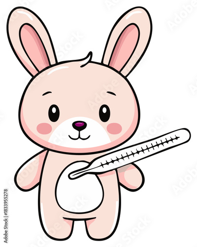 Adorable sick cartoon rabbit holding a medical thermometer with a high fever temperature
