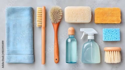 Collection of cleaning supplies including a blue bottle of Windex, a blue sponge, a yellow sponge, a yellow brush, a yellow brush, a blue brush, a yellow brush, a blue brush, a yellow brush, a blue 
