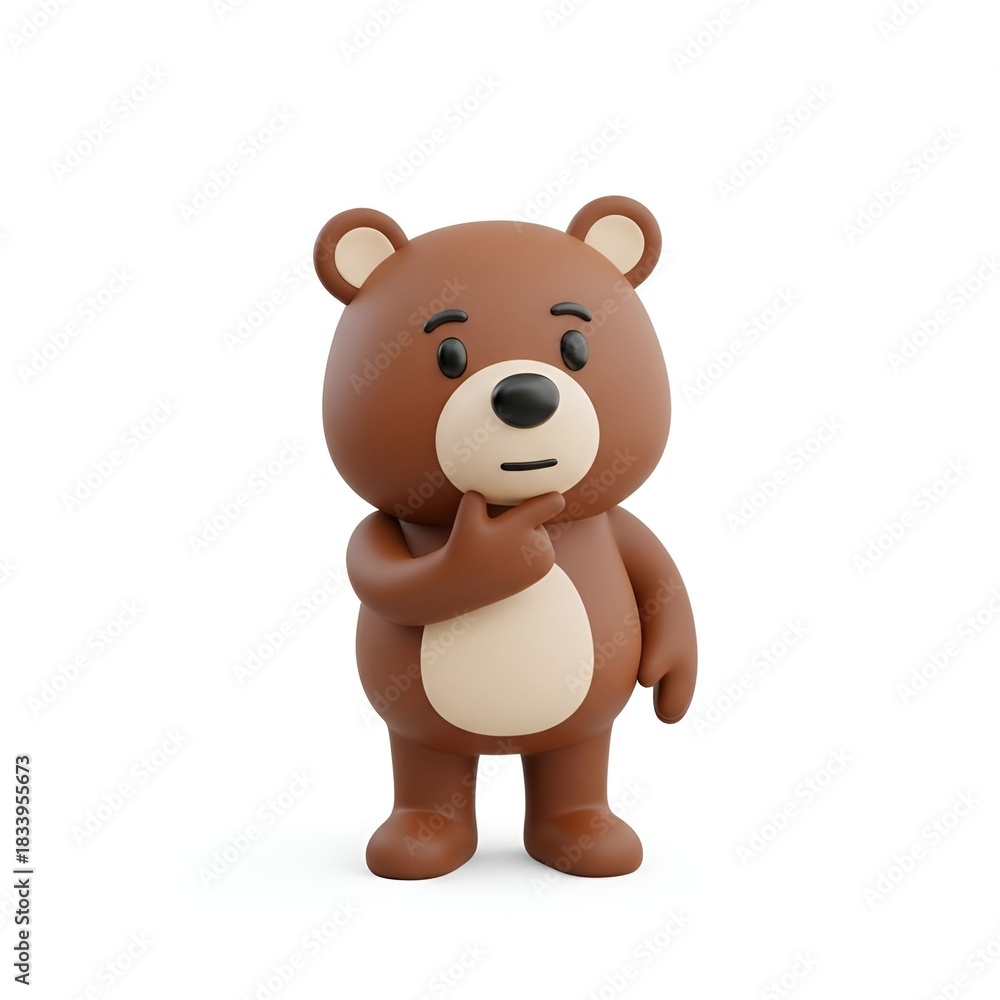 Naklejka premium Adorable 3D bear ponders a problem, great for educational content, friendly websites, or playful marketing campaigns needing a thoughtful, charming touch!