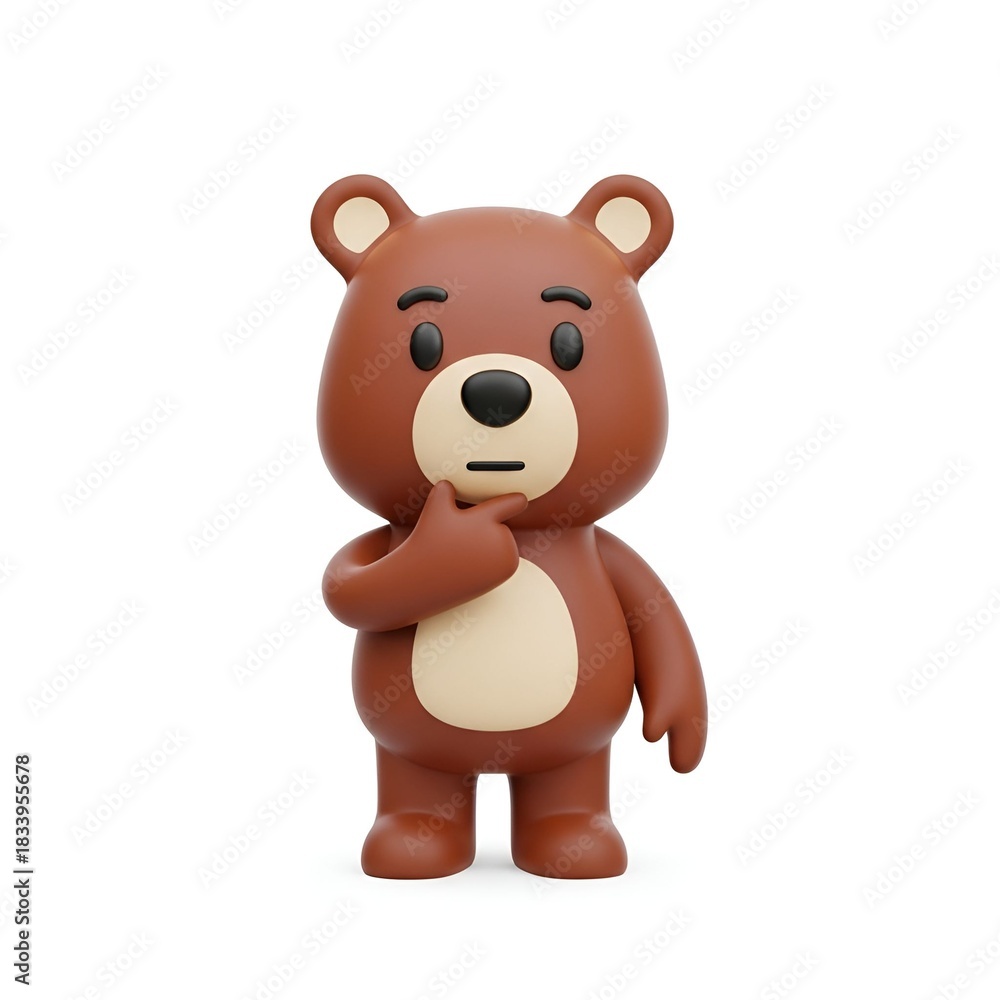 Fototapeta premium Cute cartoon bear thoughtfully pondering complex problems or making important decisions, isolated on white background, perfect for children's books or educational materials