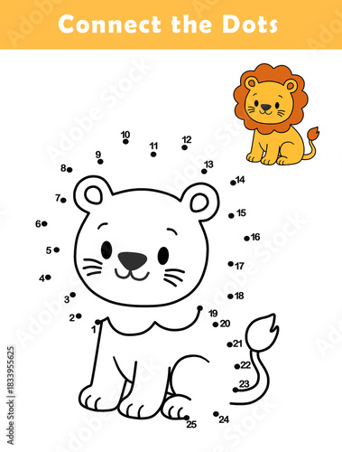 Dot to Dot Worksheet for Kids. Connect the dots to draw a cute lion. Illustration of lion. Coloring page.	