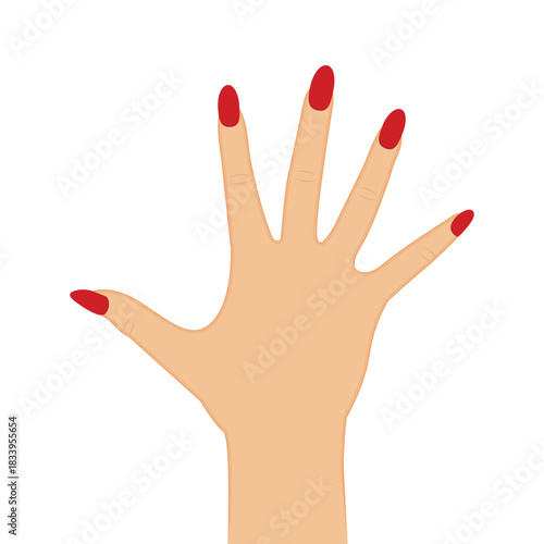 Woman back hand with red nails on white background