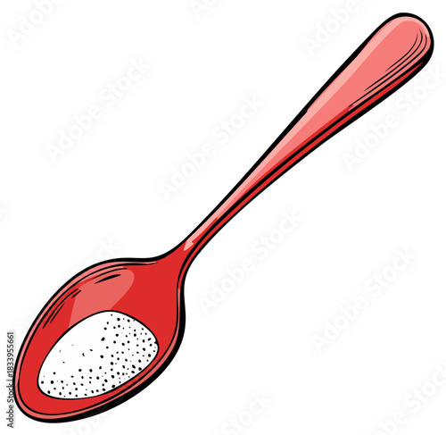 Red spoon with salt or sugar, illustration. Hand drawn vector style with outline. Kitchen tools, cooking ingredient.