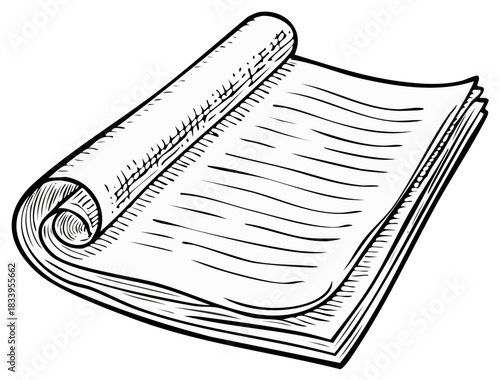 Rolled-up newspaper with pages detailed retro style illustration