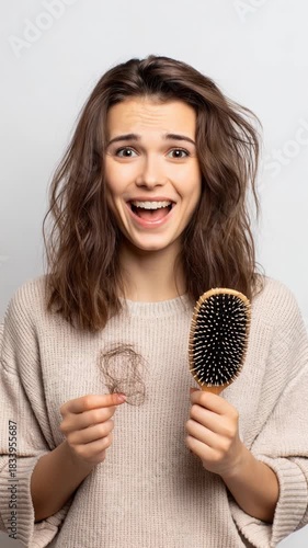 a woman with brown hair,she is looking at her brush and is shocked to see that she has lost some of the strands, white background