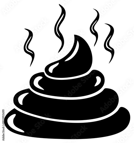 Black poop illustration with four swirls, steaming pile, black color, cartoon.
