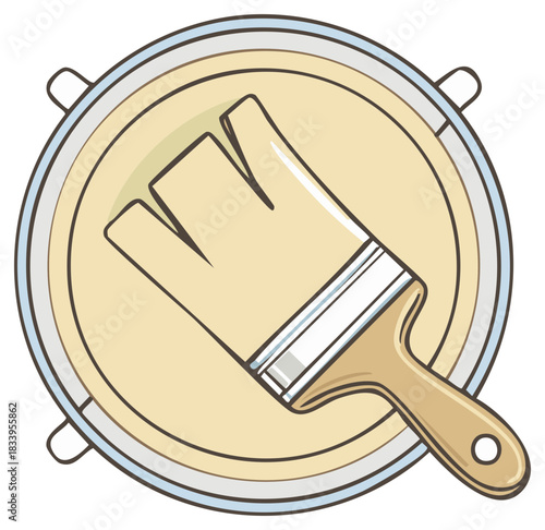 Paint brush in a bucket of light beige paint for house improvement and home decoration
