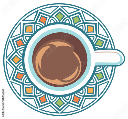 Overhead view of a steaming cup of coffee on a decorative patterned saucer