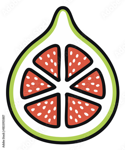 Stylized illustration of a fresh fig fruit cut in half showing red pulp and seeds