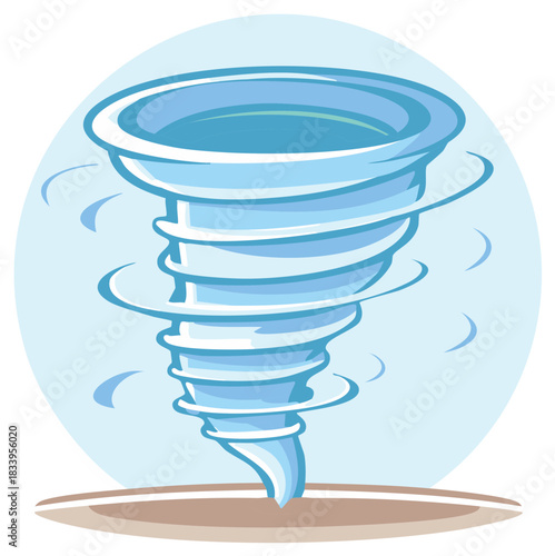 Stylized illustration of a powerful blue tornado swirling over ground
