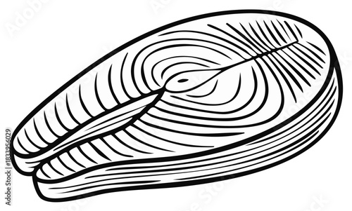 Stylized Black and White Salmon Steak Cut Illustration: Seafood Line Art and Gourmet Cooking Component Drawing