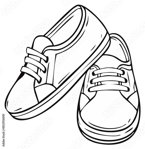 Monochromatic line art cartoon illustration of a pair of classic low-top sneakers with laces